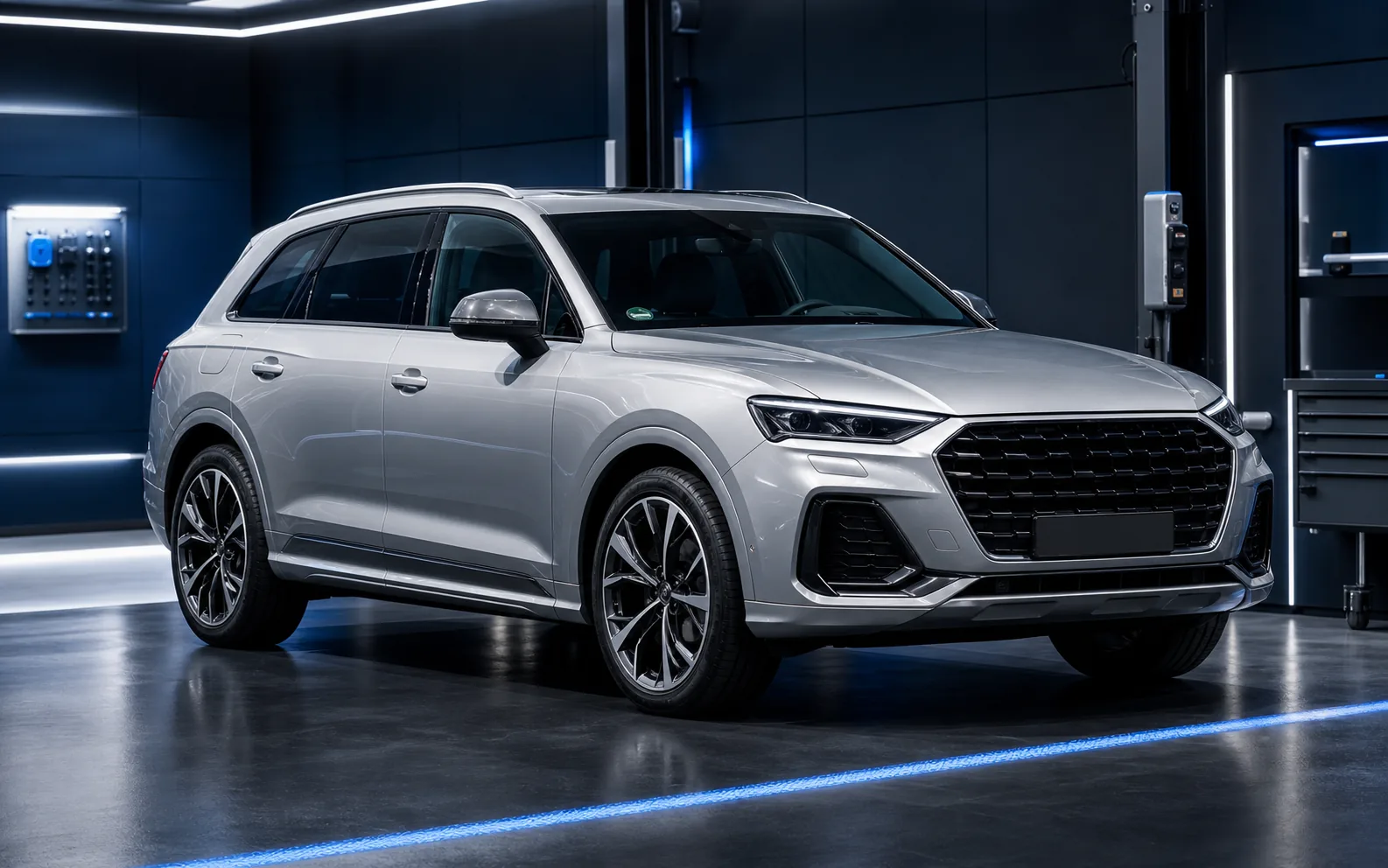 Silver premium SUV in a modern vehicle inspection studio